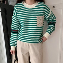 가을 겨울 비비드 컬러 레이스 포켓 단가라 스트라이프 라운드넥 긴팔 니트 티셔츠