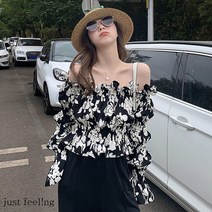 just feel!ng 여성 슬림 블랙&화이트 플라워 쇼트 셔츠 꽃무늬블라우스 데이트룩 소개팅룩 봄블라우스