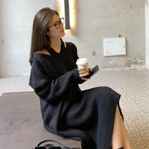 위위브렌 여성용 캐주얼 네크라인 디자인 니트 원피스