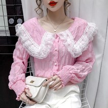 흰색레이스블라우스 플랫카라 실크블라우스 여성 봄옷 화이트 와이드 루즈핏 풀오버 후드 벌룬소매 상의 4785750770