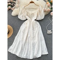 자카드 레이스 원피스 여름 반팔 러플 보헤미안 A라인 스퀘어 넥 레트로 비치 롱