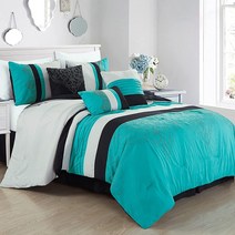 Chezmoi Collection Ariel 7피스 그레이 기하학 셔닐 자수 플리츠 스트라이프 이불 침구 세트 풀 사이즈, Queen, Teal/Gray/Black Geometric