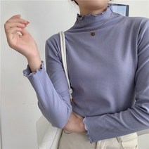 케익 물결 데일리 무지 부드러운 반목 기모면 긴팔 티셔츠 - 5307
