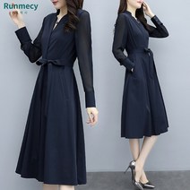 런메시Runmecy 여성 봄 가을 긴팔 원피스 브이넥 롱원피스 하객원피스 오피스룩