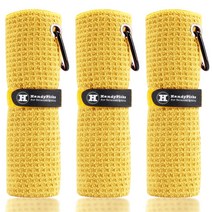 Handy Picks 극세사 골프 타월 3P 효과적인 청소 와플 패턴 골프 타월 40 x 40cm 벨크로 보관 스트랩 포함, 노란색