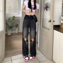 청바지뉴하이 웨스트 찢어진 와이드 레그 팬츠 여성용 맞춤형 청바지 패션 핫걸 스타일 걸레질 가을 2