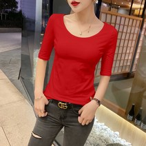 흰색라운드티셔츠 라운드넥 미들 소매 순 화이트 여름 가을 칠부 5부 이너티셔츠 핫 저고리 슬림 스키니핏 3880017337