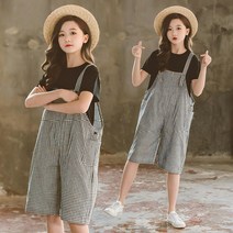 베비포 여아용 체크 멜빵 반바지 상하복 세트 CT3