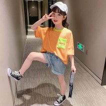 여아상하복 반팔티 스트라이프 데님 반바지 세트