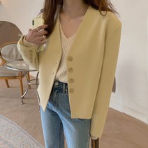 라라벨 여성용 자켓 러스티 브이넥 버튼 노카라 베이직 캐쥬얼 데일리 자켓