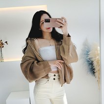 비니케이즈 가을 겨울 볼륨 벌룬소매 퍼프 크롭 숏 후드집업 루즈핏 니트 4컬러