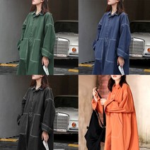 지홍 봄가을 오버핏 빅사이즈 롱원피스 스티치 박시 면원피스