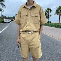 레트로 오버올 점프 슈트 남성 여름 반팔 반바지 커플 셔츠 수트