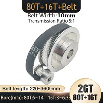 타이밍 풀리 벨트 폭 10mm 보어 3.17-14mm 텐셔닝 휠 싱크로너스 3D 프린터용 GT2 80T 16T 2GT 2M 풀리 톱니, 156.80TB10mm - 16T B5-Belt 220