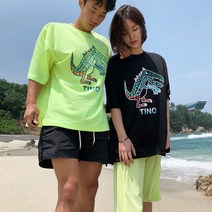 무배 남자 여자 공용 프리사이즈 오버핏 공룡 캐릭터 반팔 티셔츠 여성 박스티 커플 시밀러룩