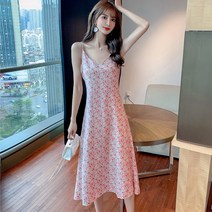 Ogfaour 2021 신상품 고급 여성 봄 여름 롱 쉬폰 잔 꽃무늬 원피스 끈나시 드레스 결혼식하객 487