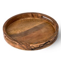 PHIRKCRAFT 나무 수제 원형 서빙 트레이 주방 주방 식탁용 다용도 트레이 30.5x30.5cm(12x12인치) 미디엄 브라운 손잡이