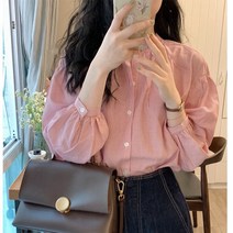 핑크 줄무늬 스프라이트 블라우스 퍼프 루즈핏 셔츠 긴팔 셔링 B1207