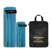 아쿠아베어 퀵 드라잉 스포츠타올 대형 타올 1p + 페이스 타올 1p + 파우치, 마린 블루