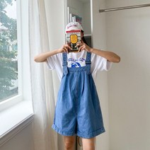 네쥬 여성 여름 와이드 롤업 데님 멜빵 청 반바지