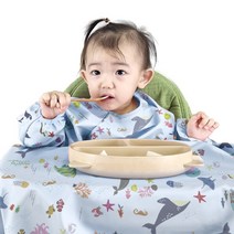 르메이어 아기 이유식 일체형 방수 앞치마 긴팔 오픈형 턱받이, 파스텔블루 고래, 1개, 1개