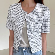 타니즈 헤츠 여름 노카라 체크 트위드 반팔 자켓