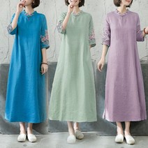 여성 여름 린넨 개량 생활 퓨전 철릭 한복 롱 원피스 7부 소매 루즈핏원피스
