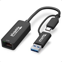 Plugable 2.5G USB C 및 USB - 이더넷 어댑터 USB C/썬더볼트 3 또는 USB 3.0과 호환되는 2-in-1 어댑터 USB-C to RJ45 2.5 기가비