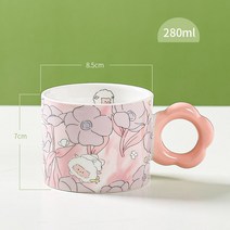 설렌당소품샵 도자기 귀여운 컬러풀 머그컵 플라워 손잡이 찻잔, 핑크, 1개