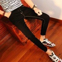 블랙데님바지 싸다 트렌드 바지남자 여름 타입 슬림 청소년 눈꽃 세분 다리 연필 몸빼 스키니핏 3826641454