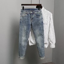 남성 트렌디한 청바지 블루 9부 백합 봄 슬림핏 작은 발 탄력 긴 바지