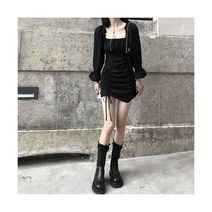 긴소매 드레스 여성 가을 유행 스키니청순한 매력한 간단한 Clubwear 셔링 스트리트 스타일 Ulzzang 캐주얼 Mujer 미니 Vestido, 엘