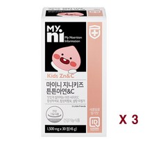 마이니 지니키즈튼튼아연&C 아연 비타민C 비타민B 산화아연 츄어블 젤리 어린이 키즈 아이 성장기 초유 면역기능 항산화 영양제 씹어먹는, 3병, 30정