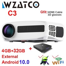 빔프로젝터 스크린 WZATCO C3 LED 안드로이드 10.0 와이파이 풀 HD 1080P 300 인치 대형 홈 시어터 스마트 비디오 비머, C3 add OS 32G