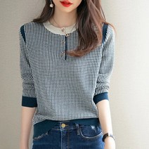 넷투넷코리아 여성 라운드넥 니트 체크 캐주얼 기본 긴팔 티셔츠