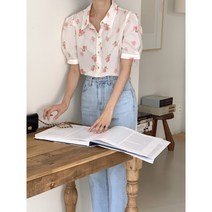 (쉬즈민) 여성 플라워 퍼프 핀턱 장미 로즈 블라우스