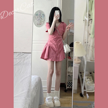 브이넥 셔링 반팔 원피스 허리 조임 슬림 디자이너 핑크 스커트