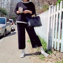 라운드 배색 밑단 언발란스 루즈핏 와이드 바지 투피스 세트