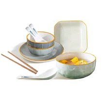 Hongjiu 가정용 심플 한식기세트, 공기+대접+원형접시+정사각형접시+큰스푼+작은스푼+젓가락, 화이트 + 그레이 + 골드