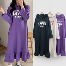 빅사이즈 오버핏 레터링 밑단프릴 후드 기모 롱원피스 YY