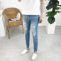 모룸 남자 9부 밑단컷팅 프리미엄 워싱 스판 데미지 연청데님