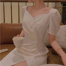 미미엘리 하객원피스 h라인 미디 원피스 앞 트임 단추 옆트임 화이트 오피스 드레스