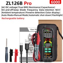 다기능 전기 계측기 휴대용 9999 카운트 디지털 멀티 미터 T-RMS 컬러 디스플레이 DC AC 전압 테스터 커패, 04 ZL126B charging PRO