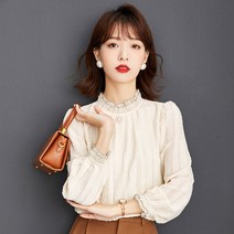 여성 블라우스 봄 레이스 셔츠 여성 프릴카라 레이스 셔츠 슬림 카라 쉬폰 셔츠 아이보리 셔츠