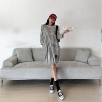 네쥬 여자 봄 가을 스트라이프 단가라 오버핏 롱 원피스