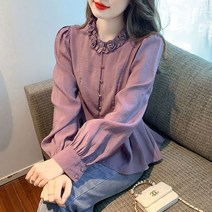 세련된 스플 라이스 라운드 넥 봄 2023 어 솔리드 컬러 긴 소매 슬림 버튼 셔츠