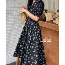 Plttyul bear 여름 퍼프 소매 꽃 롱 원피스