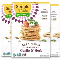Simple Mills 씨앗 크래커 마늘 및 허브 비건 건강한 스낵 팔레오 프렌들리 4.25 온스 3개 팩