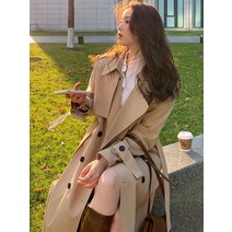 여성 봄 가을 트렌치 자켓 코트 긴 카키 블랙 라글란 소매 벨트 더블 브레스트 럭셔리 스타일 패션