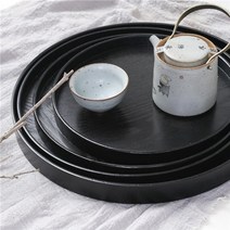나무도마 빵진열트레이 우드 반달 트레이 나무쟁반 나무 라운드 차 일본 과일 디저트 차, 30cm, 검은색